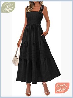 Boho Spaghetti Strap Smocked Maxi Dress Sleeveless A Line Tiered Sundress